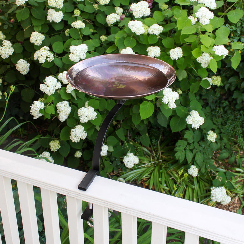 ACHLA Burnt Birdbath with Rail Mount Bracket | Hammered Copper Bowl on Black Wrought Iron | Deck, Porch & Balcony Birdbath | Model BCB-01-RM