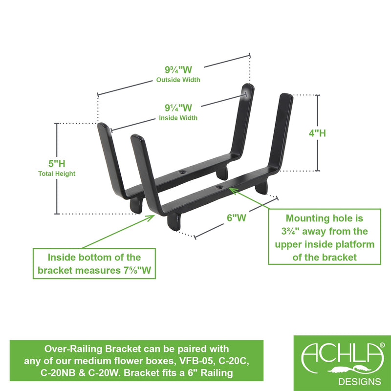 ACHLA 8in Flower Box Bracket for 2x6 Railing | Wrought Iron Black Powdercoat | Deck, Balcony & Porch Planter Support | 1 x 10 x 5 in | Model BGK-14-20