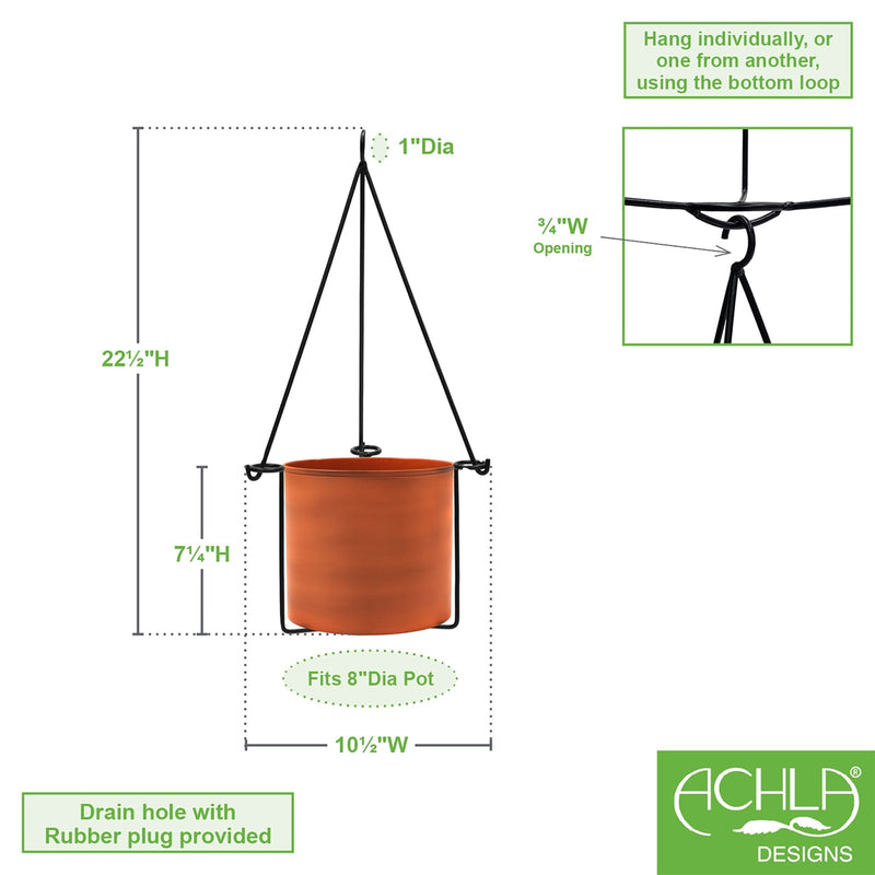 ACHLA Vera Hanging Planter | Burnt Sienna Galvanized Steel Pot with Black Wrought Iron Frame | Indoor & Outdoor Container Garden | Model BH-03-62BS