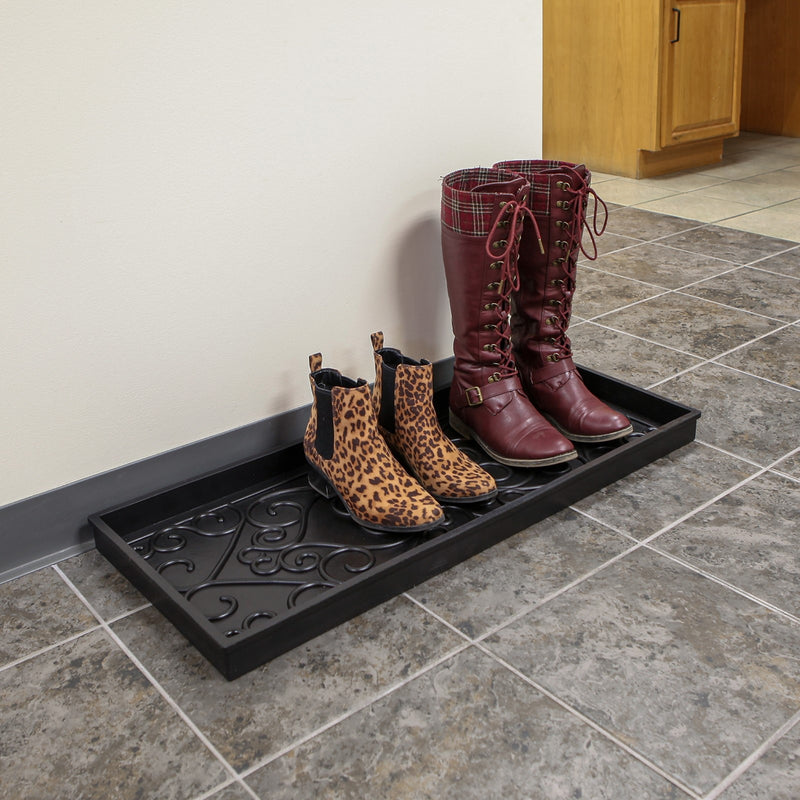 ACHLA Boot Tray | Heavy Rubber Scrollwork Design | Entryway & Mudroom Catch-All | 34 x 14 x 2 in | Model BT-01