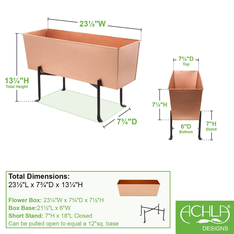ACHLA Flower Box with Folding Stand | Copper Plated Galvanized Steel and Black Wrought Iron | Deck, Patio & Balcony Planter | 23.25 x | Model C-09C-S1