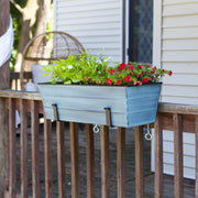 ACHLA Medium Flower Box with Clamp-On Brackets | Nantucket Blue Galvanized Steel and Black Wrought Iron | Front Porch & Balcony | Model C-20NB-RM