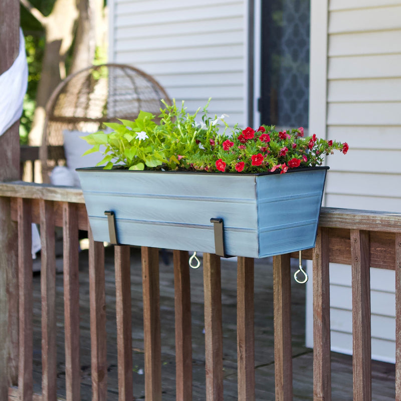 ACHLA Medium Flower Box with Clamp-On Brackets | Nantucket Blue Galvanized Steel and Black Wrought Iron | Front Porch & Balcony | Model C-20NB-RM