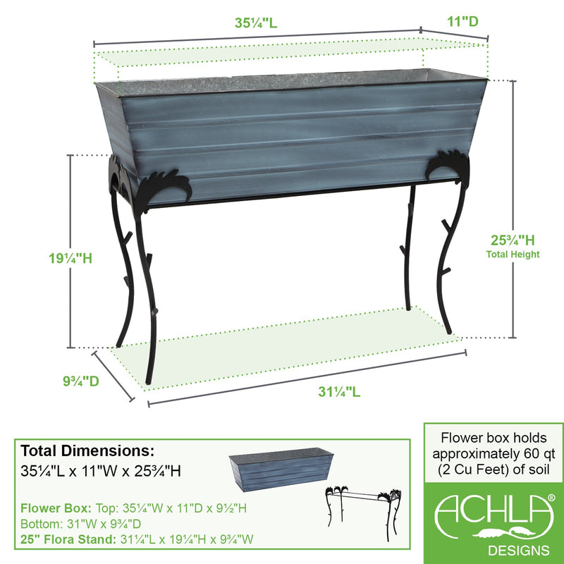 ACHLA Flora 35in Large Flower Box Stand | Nantucket Blue Galvanized Steel & Black Wrought Iron | Patio & Balcony Container Gardening | Model C-21NB-S3