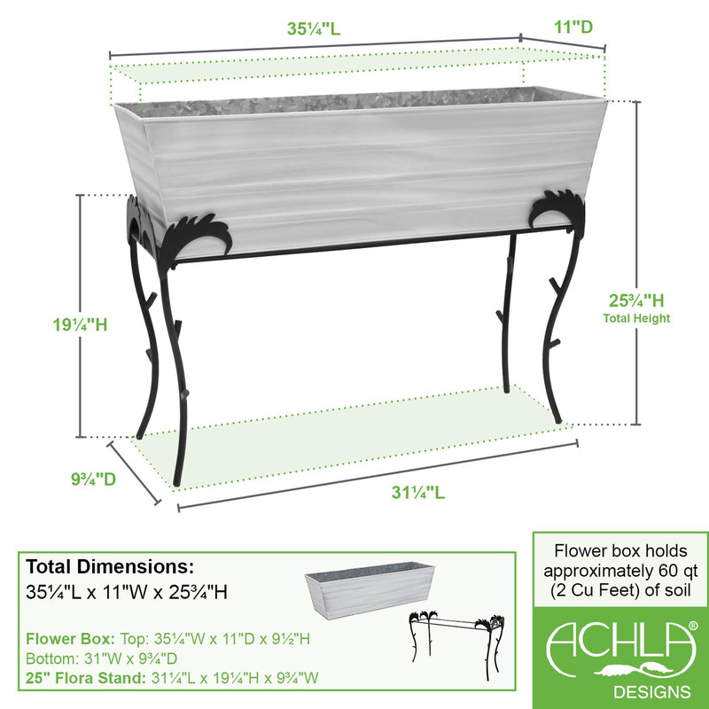 ACHLA Large 25in Flower Box Stand | Cape Cod White Galvanized Steel and Black Wrought Iron | Patio & Balcony Container Gardening | Model C-21W-S3