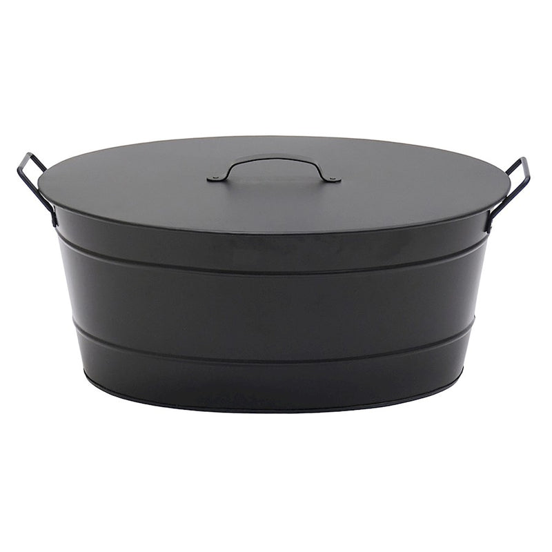ACHLA Oval Tub with Lid | Black Powder-Coated Steel Farmhouse Log Bin | Fireplace Hearth & Wood Stove Storage | 21 x 15 x 9 in | Model C-51MC