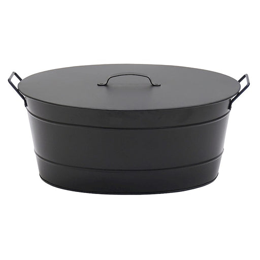 ACHLA Oval Tub with Lid | Black Powder-Coated Steel Farmhouse Log Bin | Fireplace Hearth & Wood Stove Storage | 21 x 15 x 9 in | Model C-51MC