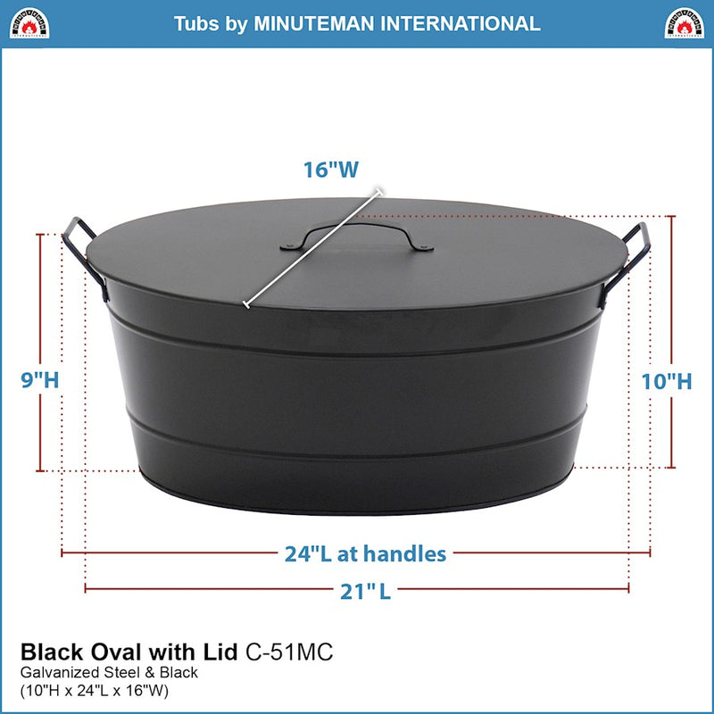 ACHLA Oval Tub with Lid | Black Powder-Coated Steel Farmhouse Log Bin | Fireplace Hearth & Wood Stove Storage | 21 x 15 x 9 in | Model C-51MC