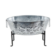 ACHLA Embossed Oval Tub with Folding Stand | Galvanized Steel and Black Wrought Iron | Patio & Garden Beverage Chiller & Planter | Model C-52-S1