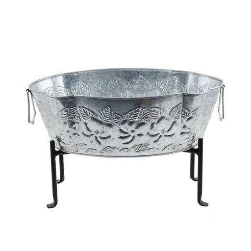 ACHLA Embossed Oval Tub with Folding Stand | Galvanized Steel and Black Wrought Iron | Patio & Garden Beverage Chiller & Planter | Model C-52-S1