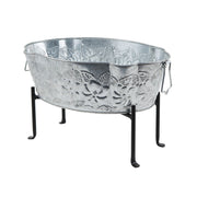 ACHLA Embossed Oval Tub with Folding Stand | Galvanized Steel and Black Wrought Iron | Patio & Garden Beverage Chiller & Planter | Model C-52-S1