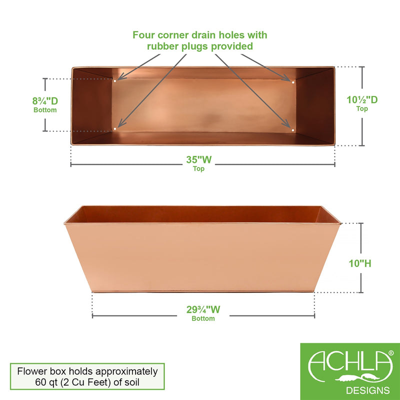 ACHLA Galvanized Tin Flower Box | Copper Finished Steel | Outdoor & Patio Planter | 34.5 x 11 x 10 in | Model C-82C