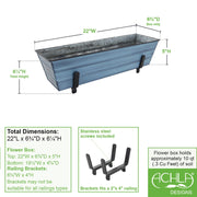 ACHLA Small Flower Box Kit for 2x4 Railings | Nantucket Blue Galvanized Steel Planter with Black Wrought Iron Brackets | Porch | Model C08NB-K4