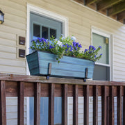 ACHLA Small Flower Box Kit for 2x4 Railings | Nantucket Blue Galvanized Steel Planter with Black Wrought Iron Brackets | Porch | Model C08NB-K4