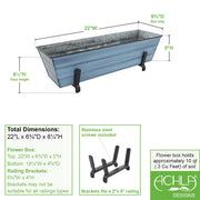 ACHLA Small Flower Box Kit for 2x6 Railings | Nantucket Blue Galvanized Steel Planter with Black Wrought Iron Brackets | Porch | Model C08NB-K6