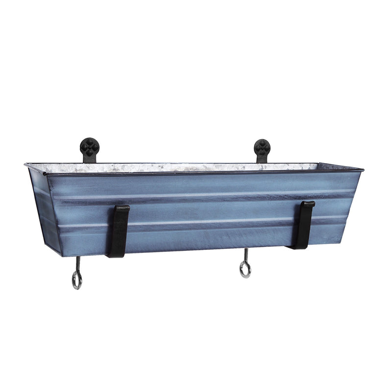 ACHLA Small Flower Box with Clamp-On Brackets | Nantucket Blue Galvanized Steel and Black Wrought Iron | Porch & Balcony Planter | Model C08NB-RM