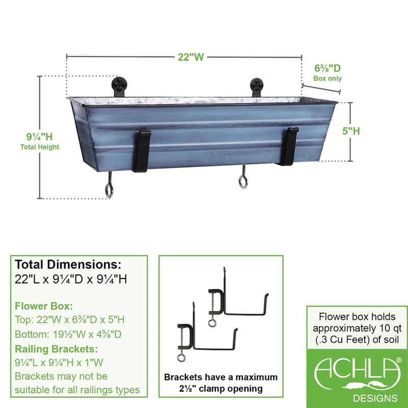 ACHLA Small Flower Box with Clamp-On Brackets | Nantucket Blue Galvanized Steel and Black Wrought Iron | Porch & Balcony Planter | Model C08NB-RM
