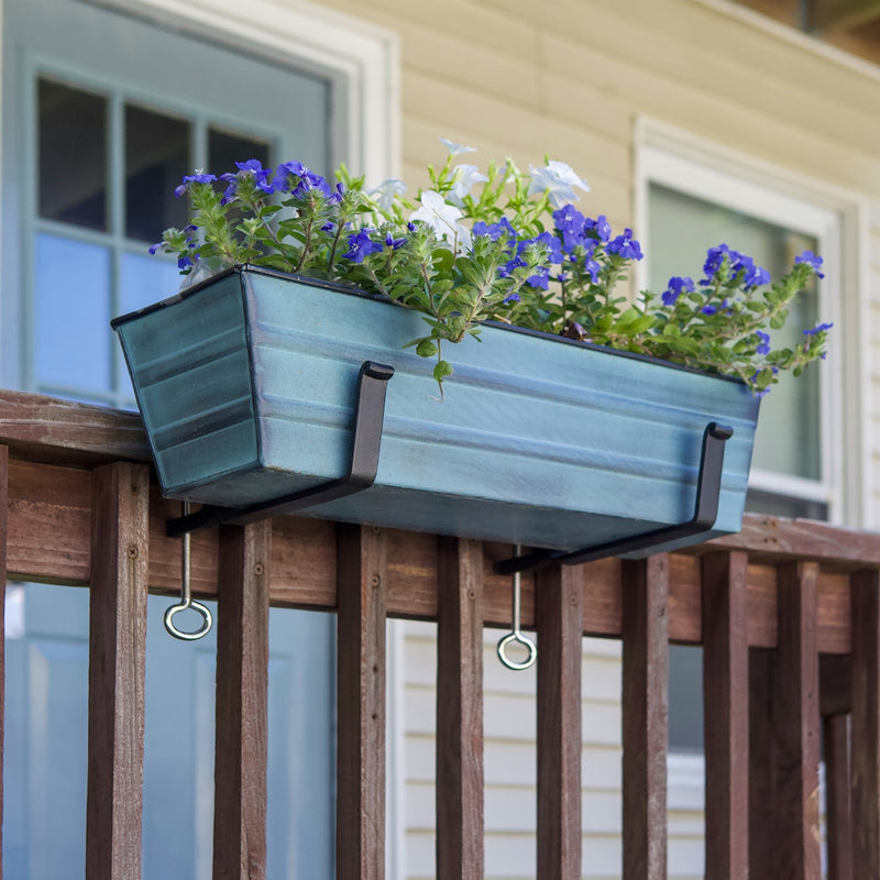 ACHLA Small Flower Box with Clamp-On Brackets | Nantucket Blue Galvanized Steel and Black Wrought Iron | Porch & Balcony Planter | Model C08NB-RM