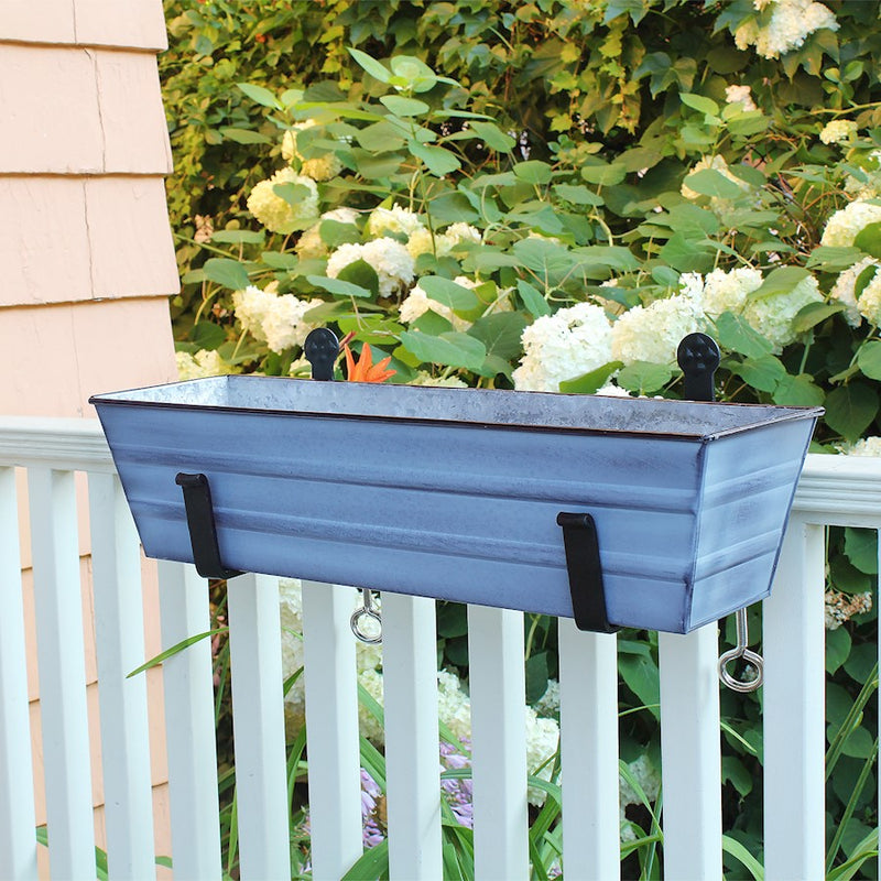 ACHLA Small Flower Box with Clamp-On Brackets | Nantucket Blue Galvanized Steel and Black Wrought Iron | Porch & Balcony Planter | Model C08NB-RM