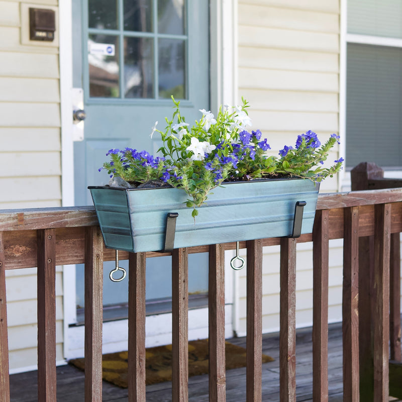 ACHLA Small Flower Box with Clamp-On Brackets | Nantucket Blue Galvanized Steel and Black Wrought Iron | Porch & Balcony Planter | Model C08NB-RM