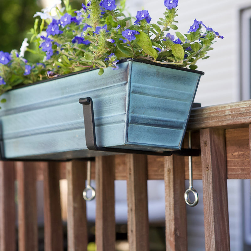 ACHLA Small Flower Box with Clamp-On Brackets | Nantucket Blue Galvanized Steel and Black Wrought Iron | Porch & Balcony Planter | Model C08NB-RM