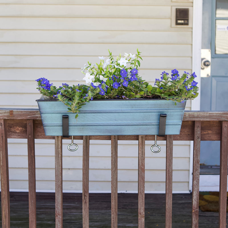 ACHLA Small Flower Box with Clamp-On Brackets | Nantucket Blue Galvanized Steel and Black Wrought Iron | Porch & Balcony Planter | Model C08NB-RM
