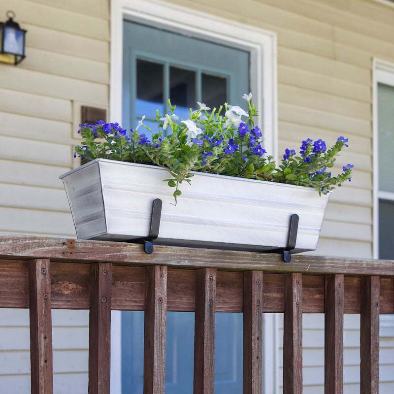 ACHLA Small Flower Box Kit for 2x4 Railings | Cape Cod White Galvanized Steel and Black Wrought Iron | Porch & Deck Railing Planter | Model C08W-K4