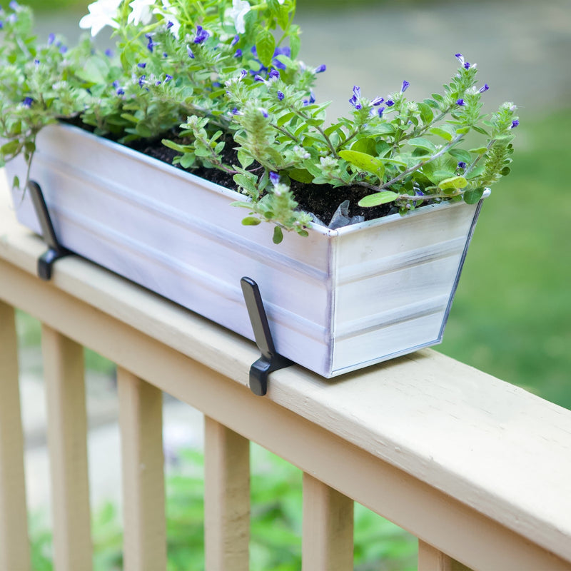 ACHLA Small Flower Box Kit | Cape Cod White Galvanized Steel with Black Wrought Iron Brackets | Deck & Porch Railing Planter | Model C08W-K6