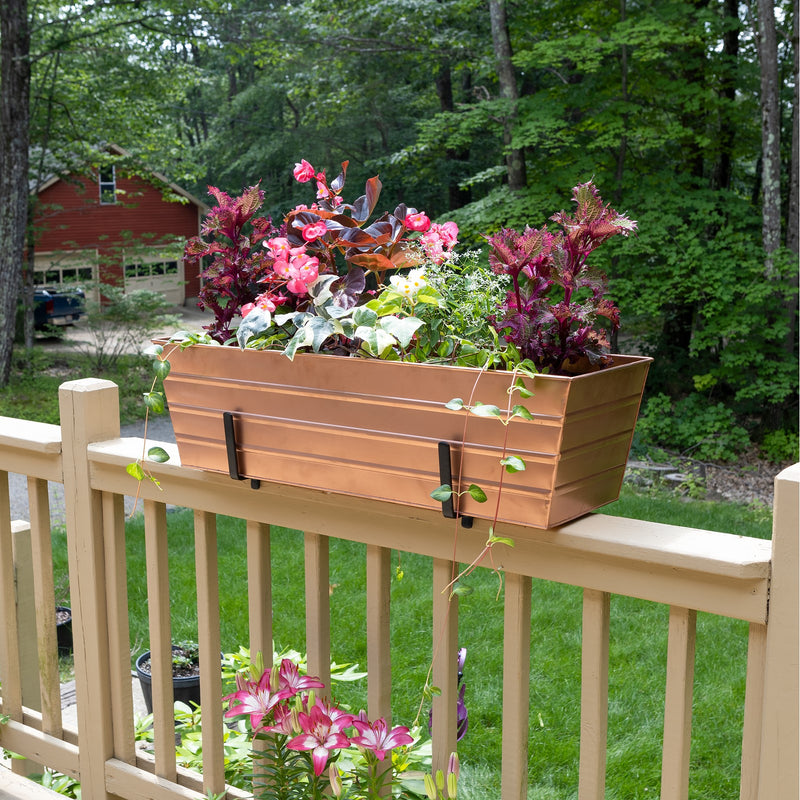 ACHLA Large Flower Box with Brackets | Copper Plated Galvanized Steel and Black Wrought Iron | Deck & Balcony Railing Planter | Model C21C-K6