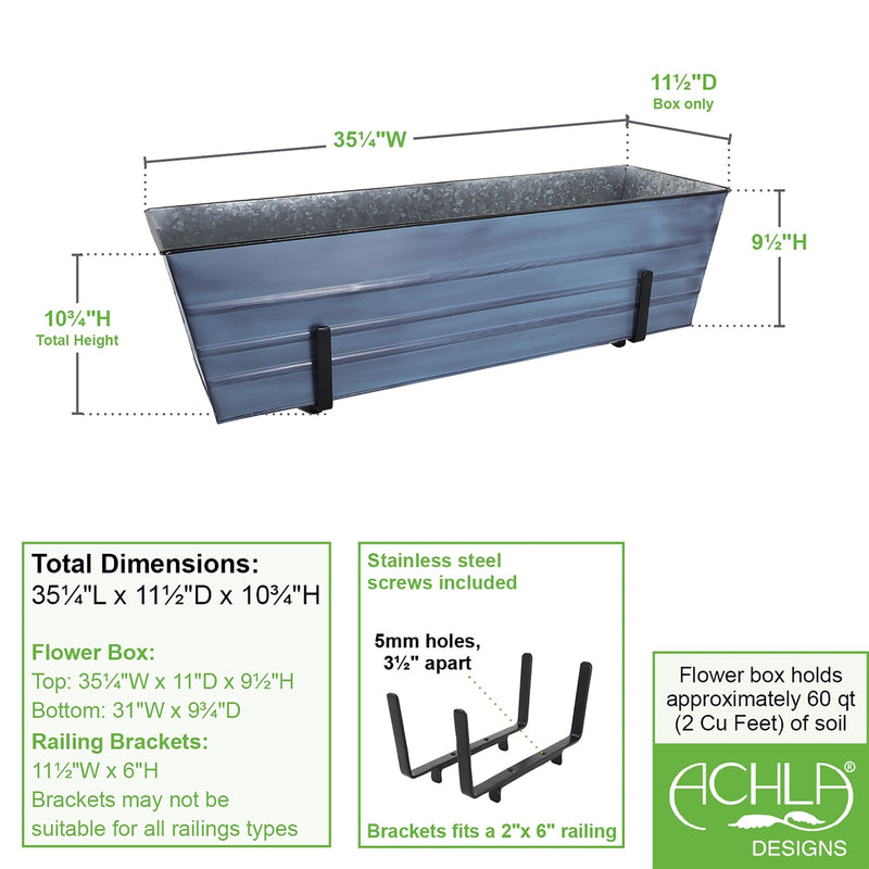 ACHLA Large Flower Box Kit | Nantucket Blue Galvanized Steel with Black Wrought Iron Brackets | Deck & Porch Railing Planter | Model C21NB-K6