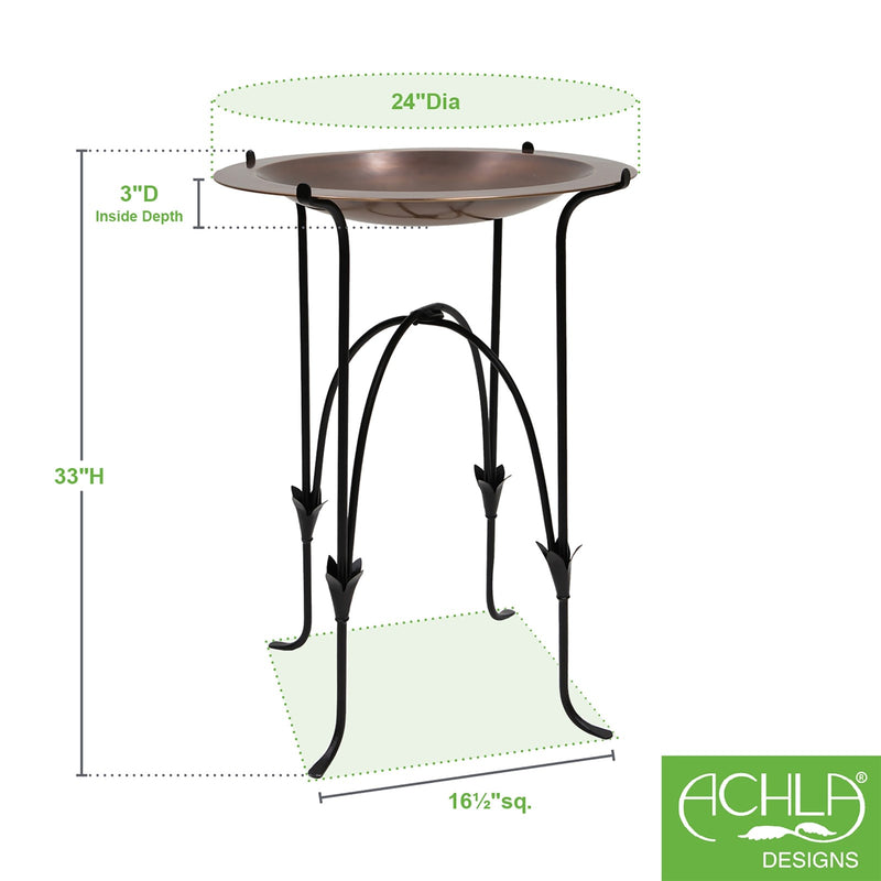 ACHLA Phoebe 24in Birdbath and Stand | Antique Copper Brass Bowl on Black Wrought Iron Base | Garden & Patio Bird Bath | Model CBB-01-S15