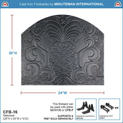 ACHLA Welcome Fireback CFB-16 | Cast Iron Matte Black Finish | Fireplace Hearth Floor Protection & Heat Reflection | 0.5 x 20 x 24 in | Model CFB-16