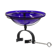 ACHLA Crackle Glass Birdbath with Over Rail Bracket | Cobalt Blue Hand-Blown Glass and Black Wrought Iron | Balcony, Porch & Deck | Model CGB-01CB-OR2