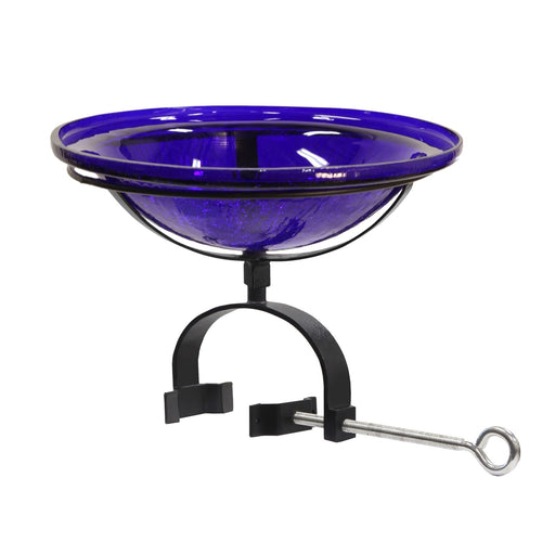 ACHLA Crackle Glass Birdbath with Over Rail Bracket | Cobalt Blue Hand-Blown Glass and Black Wrought Iron | Balcony, Porch & Deck | Model CGB-01CB-OR2