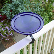 ACHLA Crackle Glass Birdbath with Over Rail Bracket | Cobalt Blue Hand-Blown Glass and Black Wrought Iron | Balcony, Porch & Deck | Model CGB-01CB-OR2