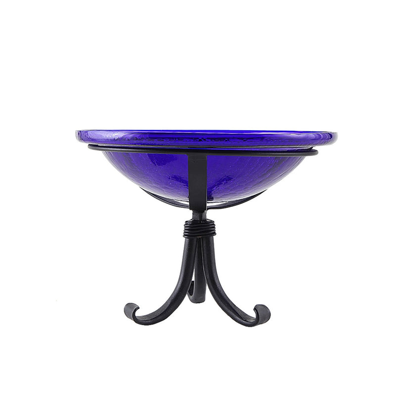 ACHLA 12in Crackle Glass Cobalt Blue Birdbath | Hand-Blown Glass Bowl on Wrought Iron Tripod Stand | Garden & Patio Accent | Model CGB-01CB-TR