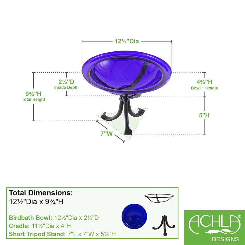 ACHLA 12in Crackle Glass Cobalt Blue Birdbath | Hand-Blown Glass Bowl on Wrought Iron Tripod Stand | Garden & Patio Accent | Model CGB-01CB-TR