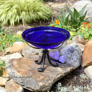 ACHLA 12in Crackle Glass Cobalt Blue Birdbath | Hand-Blown Glass Bowl on Wrought Iron Tripod Stand | Garden & Patio Accent | Model CGB-01CB-TR