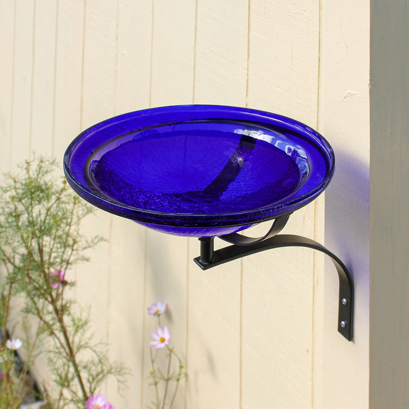 ACHLA 12in Crackle Glass Birdbath Wall Mount | Cobalt Blue Hand-Blown Glass Bowl on Black Wrought Iron Bracket | Porch, Deck & | Model CGB-01CB-WM
