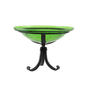 ACHLA 12in Crackle Glass Birdbath with Tripod Stand | Fern Green Hand-Blown Glass and Black Wrought Iron | Garden & Patio Accent | Model CGB-05FG-TR