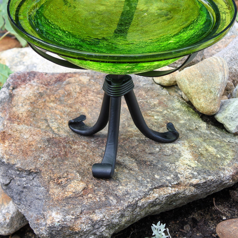 ACHLA 12in Crackle Glass Birdbath with Tripod Stand | Fern Green Hand-Blown Glass and Black Wrought Iron | Garden & Patio Accent | Model CGB-05FG-TR