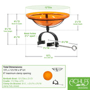 ACHLA 12in Crackle Glass Birdbath with Over Rail Bracket | Mandarin Orange Glass and Black Wrought Iron | Deck, Balcony & Patio | Model CGB-06M-OR2