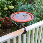ACHLA 12in Crackle Glass Birdbath with Over Rail Bracket | Mandarin Orange Glass and Black Wrought Iron | Deck, Balcony & Patio | Model CGB-06M-OR2