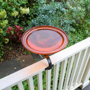 ACHLA 12in Crackle Glass Birdbath with Over Rail Bracket | Mandarin Orange Glass and Black Wrought Iron | Deck, Balcony & Patio | Model CGB-06M-OR2