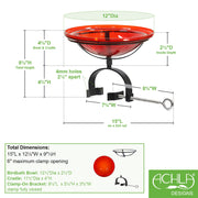 ACHLA Crackle Glass Birdbath with Over Rail Bracket | Hand-Blown Red Glass and Black Wrought Iron | Deck, Balcony & Patio Bird | Model CGB-09R-OR2