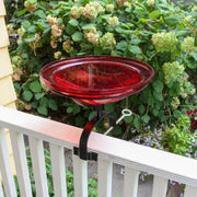 ACHLA Crackle Glass Birdbath with Over Rail Bracket | Hand-Blown Red Glass and Black Wrought Iron | Deck, Balcony & Patio Bird | Model CGB-09R-OR2