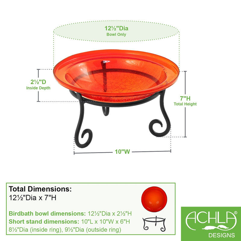 ACHLA 12in Crackle Glass Birdbath with Short Stand | Tomato Red Hand-Blown Glass & Wrought Iron | Garden Patio & Tabletop | Model CGB-09R-S1