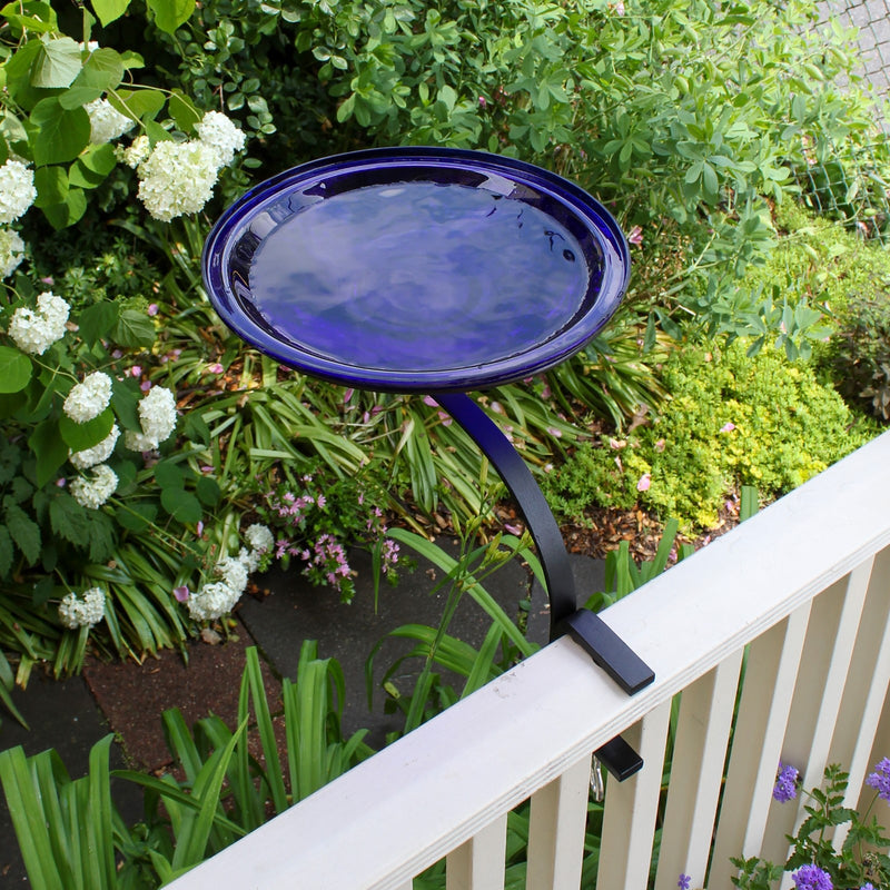 ACHLA 14in Crackle Glass Birdbath | Cobalt Blue Hand-Blown Glass Bowl on Black Wrought Iron Rail Mount Bracket | Deck, Balcony & | Model CGB-14CB-RM