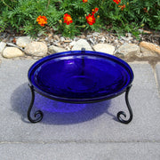 ACHLA 14in Crackle Birdbath with Short Stand | Cobalt Blue Glass Bowl on Black Wrought Iron Base | Garden & Patio Tabletop Accent | Model CGB-14CB-S2