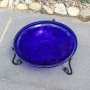 ACHLA 14in Crackle Birdbath with Short Stand | Cobalt Blue Glass Bowl on Black Wrought Iron Base | Garden & Patio Tabletop Accent | Model CGB-14CB-S2